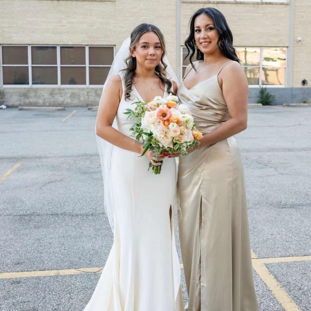 Birdy Grey Bridesmaid Dress | Shiny Satin Midi Dress Neutral Champagne